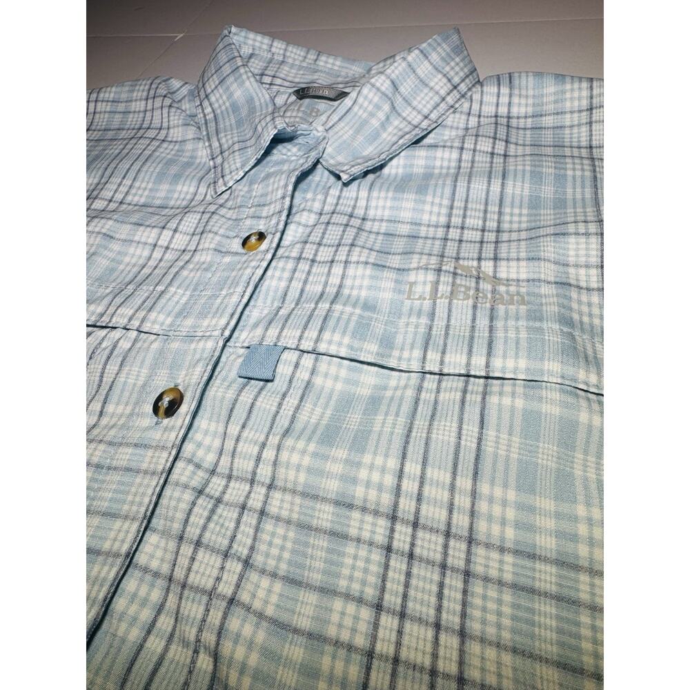 LL Bean Woman’s Tropicwear Shirt Size Small Short Sleeve Sky Blue Plaid - Picture 5 of 12
